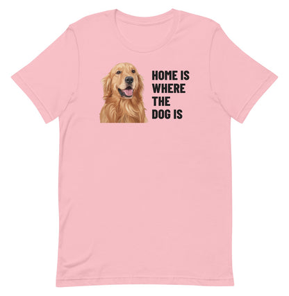 Home Is Where The Dog Is Custom Pet T-Shirt (Pink), Cooper the Golden Retriever: front view. [ks Colour=Pink; kind=product]