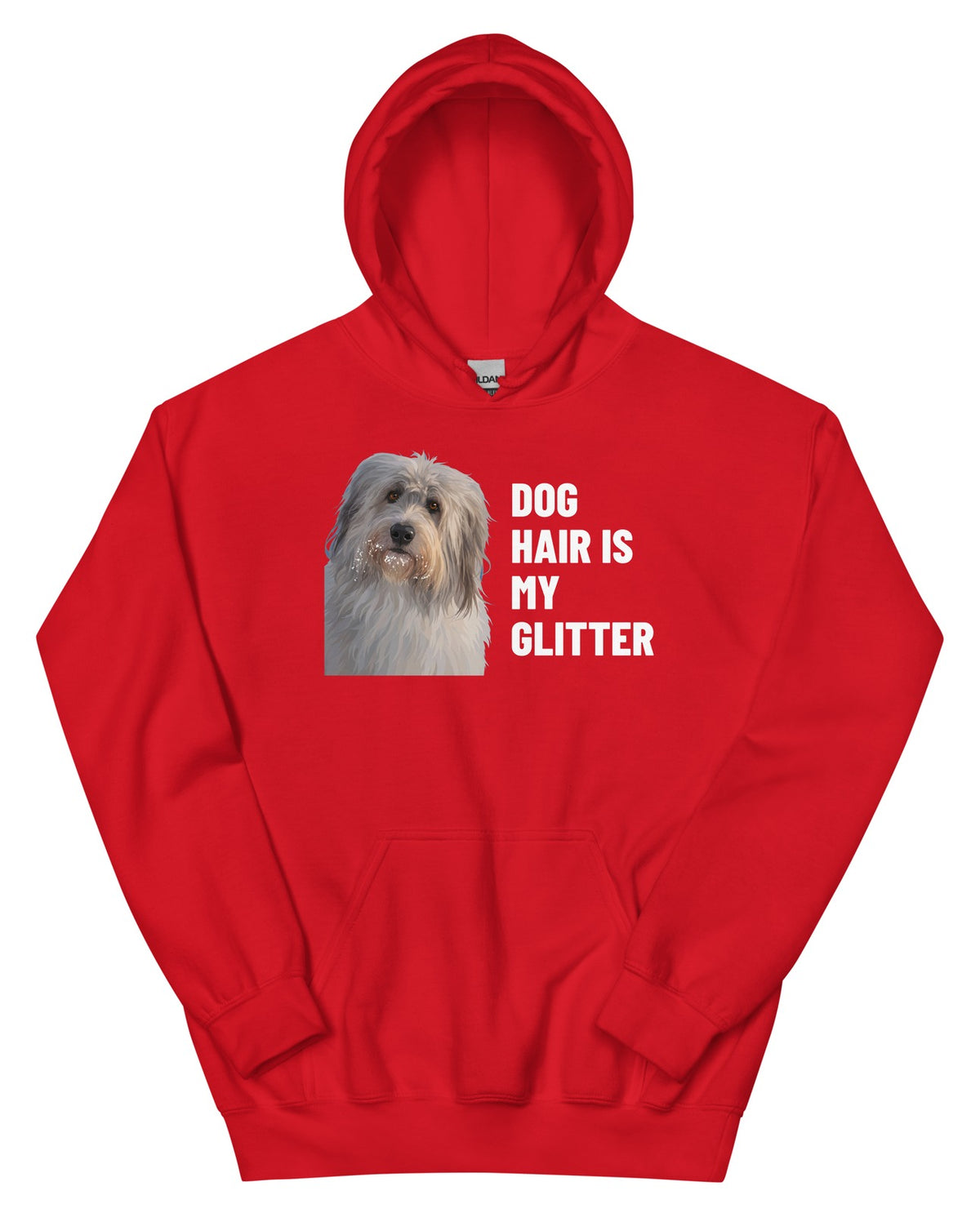 Dog Hair Is My Glitter Custom Pet Hoodie (Red), Gandalf the Sheepdog: front view. [ks Colour=Red; kind=product]