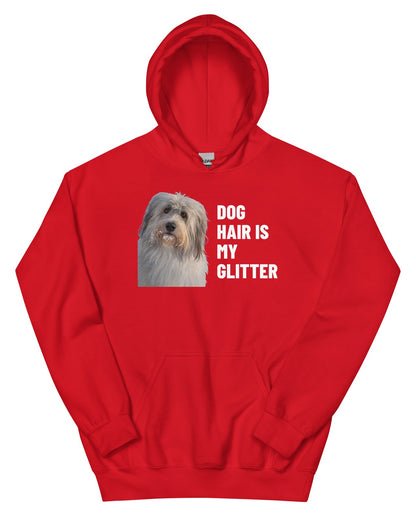 Dog Hair Is My Glitter Custom Pet Hoodie (Red), Gandalf the Sheepdog: front view. [ks Colour=Red; kind=product]