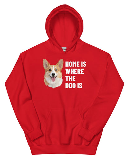 Home Is Where The Dog Is Custom Pet Hoodie (Red), Bailey the Pembroke Welsh Corgi: front view. [ks Colour=Red; kind=product]