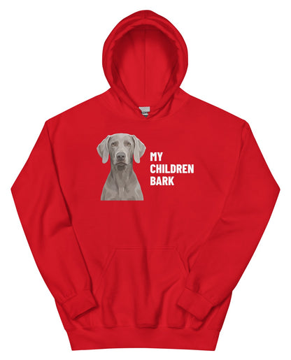 My Children Bark Custom Pet Hoodie (Red), Pewter the Weimaraner: front view. [ks Colour=Red; kind=product]