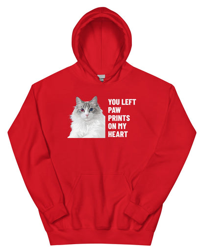 You Left Paw Prints On My Heart Custom Pet Hoodie (Red), Cloud the Ragdoll cat: front view. [ks Colour=Red; kind=product]