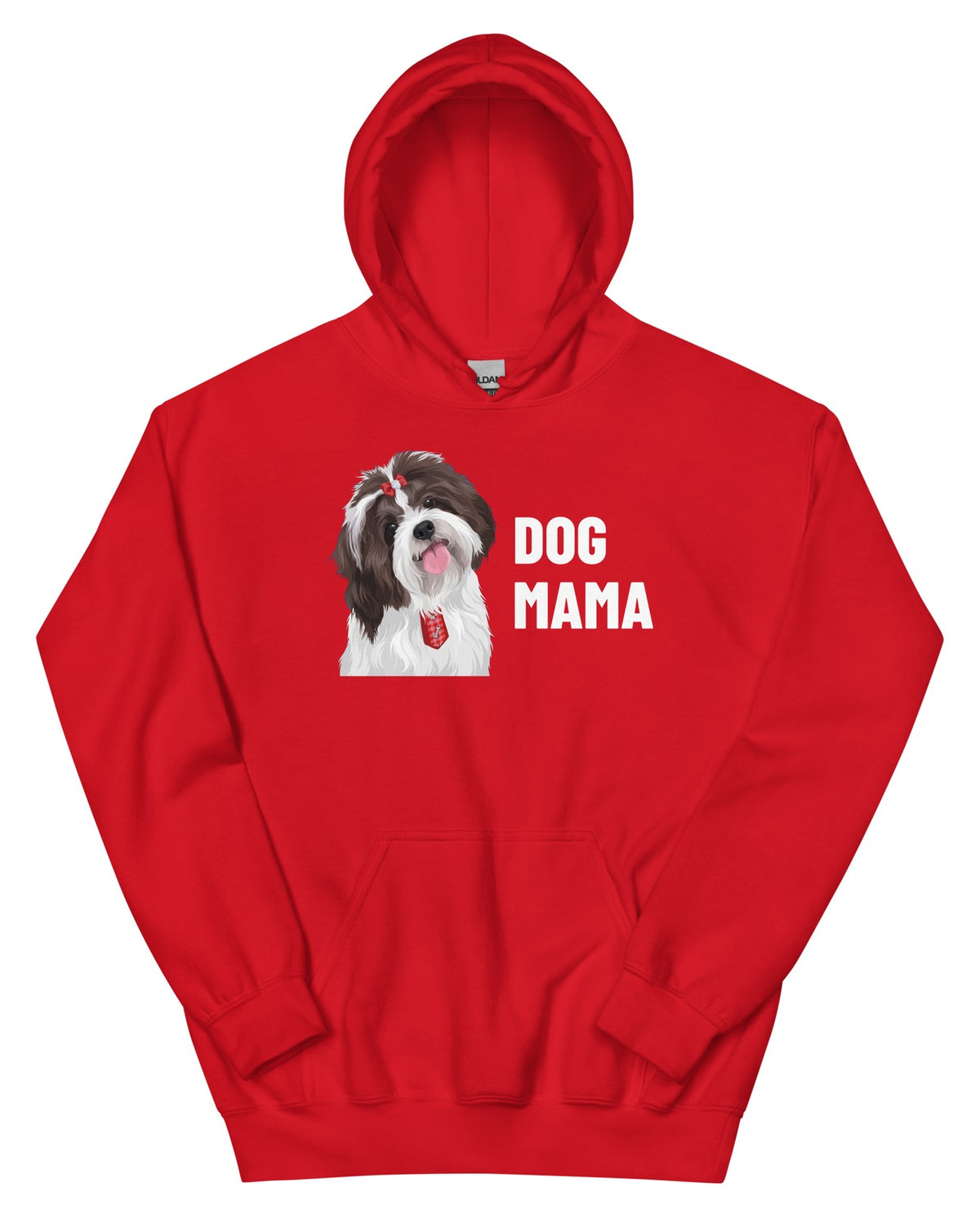 Dog Mama Custom Pet Hoodie (Red), Pippin the Shih Tzu: front view. [ks Colour=Red; kind=product]