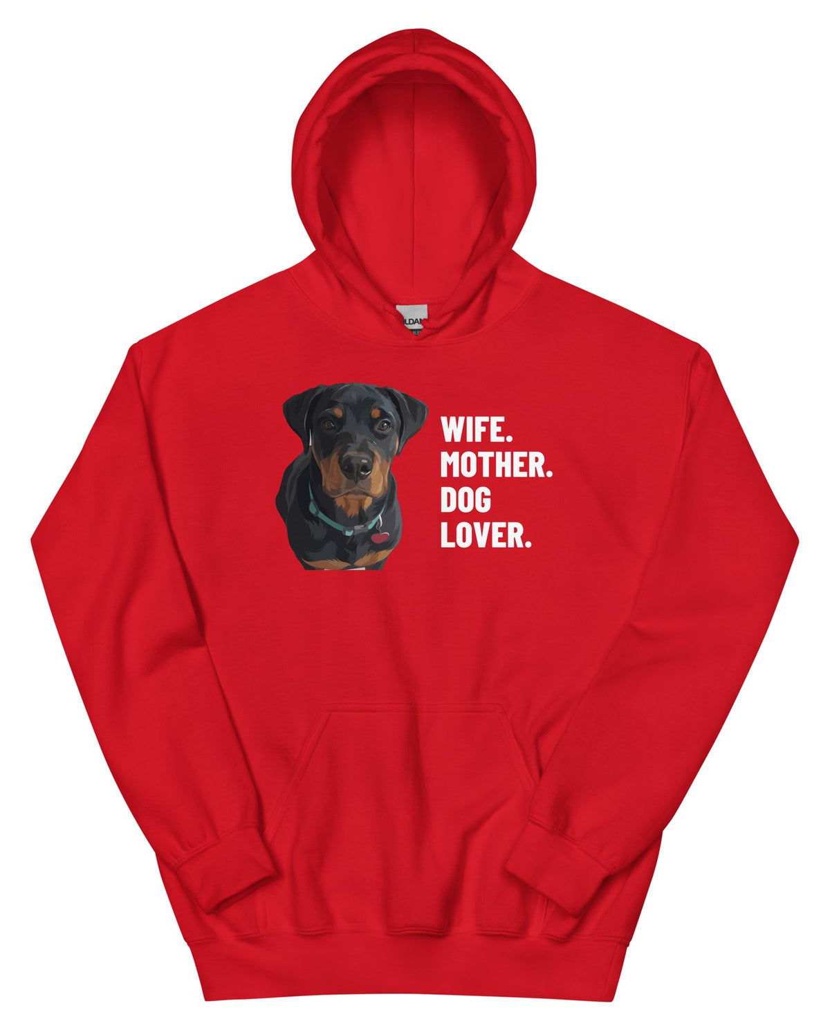 Wife. Mother. Dog Lover. Custom Pet Hoodie (Red), Thor the Rottweiler: front view. [ks Colour=Red; kind=product]