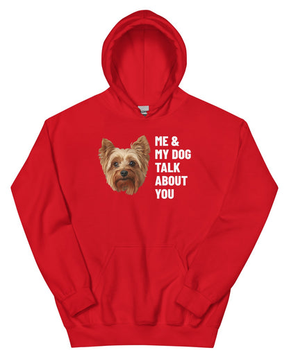 Me & My Dog Talk About You Custom Pet Hoodie (Red), Gizmo the Yorkshire Terrier: front view. [ks Colour=Red; kind=product]
