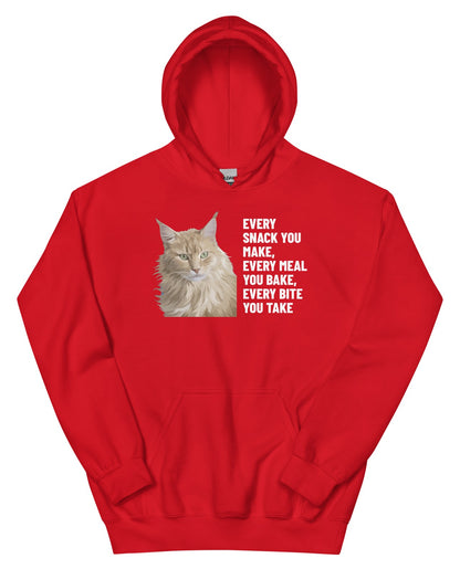 Every Snack You Make, Every Meal You Bake, Every Bite You Take Custom Pet Hoodie (Red), Caramel the Maine Coon cat: front view. [ks Colour=Red; kind=product]