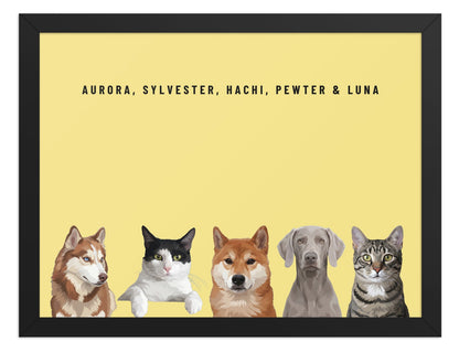 Holiday Custom Five Pet Portrait (Black Frame): Aurora the Siberian Husky & Sylvester the tuxedo cat & Hachi the Shiba Inu & Pewter the Weimaraner & Luna the grey-brown tabby cat on a Lemon background. [ks Style=Black Frame; Background=Lemon]