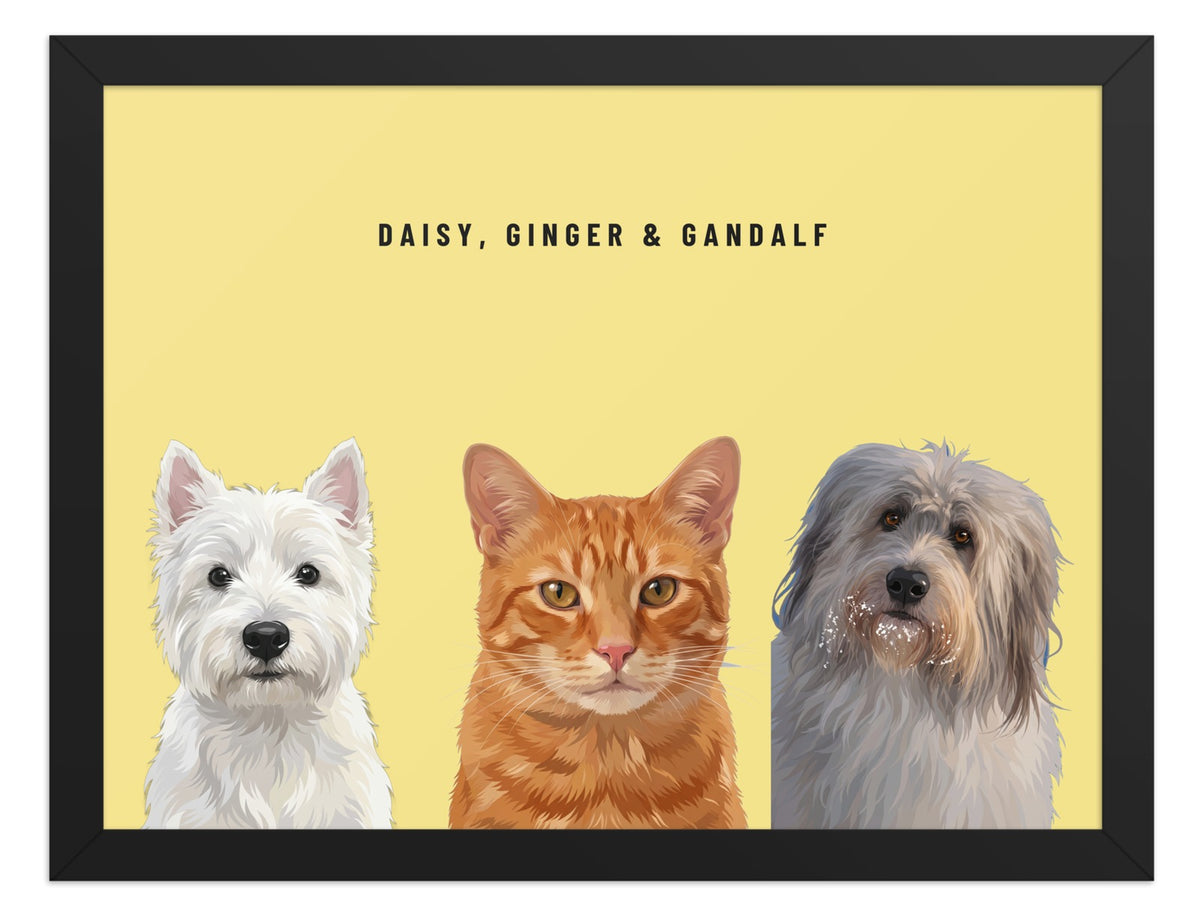 Holiday Custom Three Pet Portrait (Black Frame): Daisy the West Highland White Terrier & Ginger the orange tabby cat & Gandalf the Sheepdog on a Lemon background. [ks Style=Black Frame; Background=Lemon]