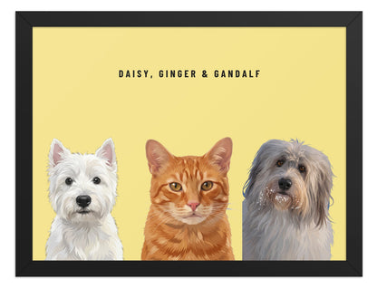 Holiday Custom Three Pet Portrait (Black Frame): Daisy the West Highland White Terrier & Ginger the orange tabby cat & Gandalf the Sheepdog on a Lemon background. [ks Style=Black Frame; Background=Lemon]