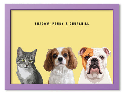 Custom Three Pet Portrait Coloured Frame Print (Lilac): Shadow the grey tabby cat & Penny the Cavalier King Charles Spaniel & Churchill the English Bulldog on a Lemon background. [ks Frame Colour=Lilac; Background=Lemon]