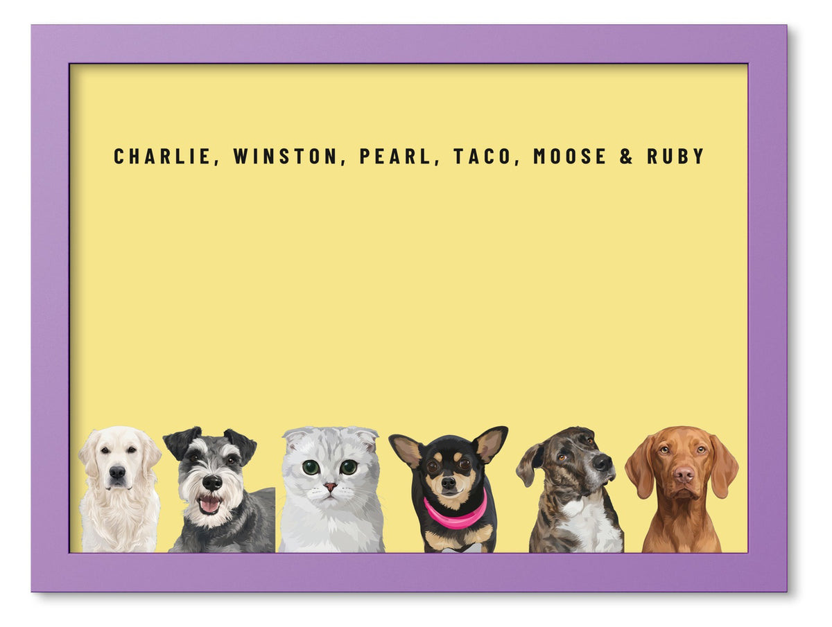 Custom Six Pet Portrait Coloured Frame Print (Lilac): Charlie the Golden Retriever & Winston the Miniature Schnauzer & Pearl the Scottish Fold cat & Taco the Chihuahua & Moose the mixed-breed dog & Ruby the Vizsla on a Lemon background. [ks Frame Colour=Lilac; Background=Lemon]