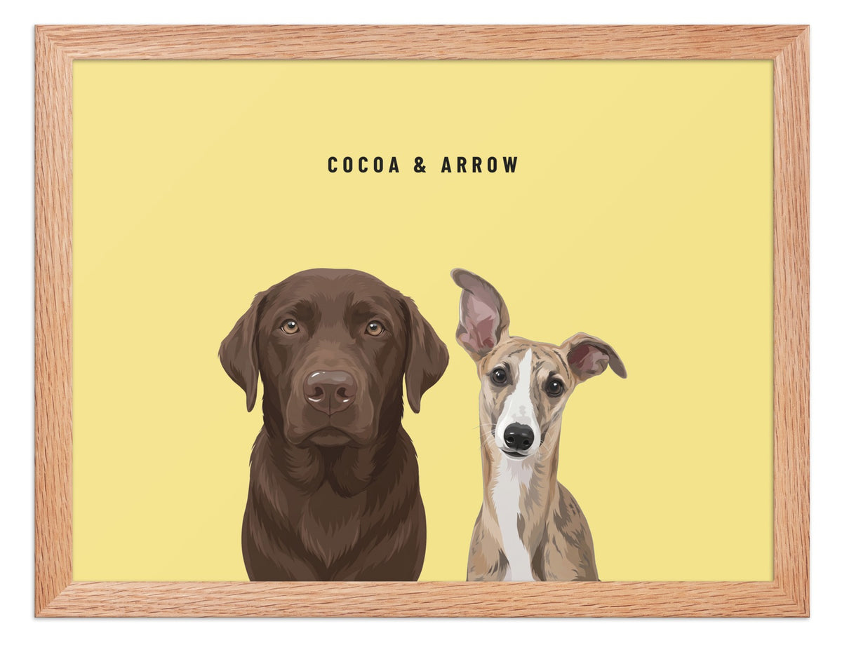 Custom Two Pet Portrait Framed Print (Oak): Cocoa the chocolate Labrador & Arrow the Whippet on a Lemon background. [ks Frame=Oak; Background=Lemon]