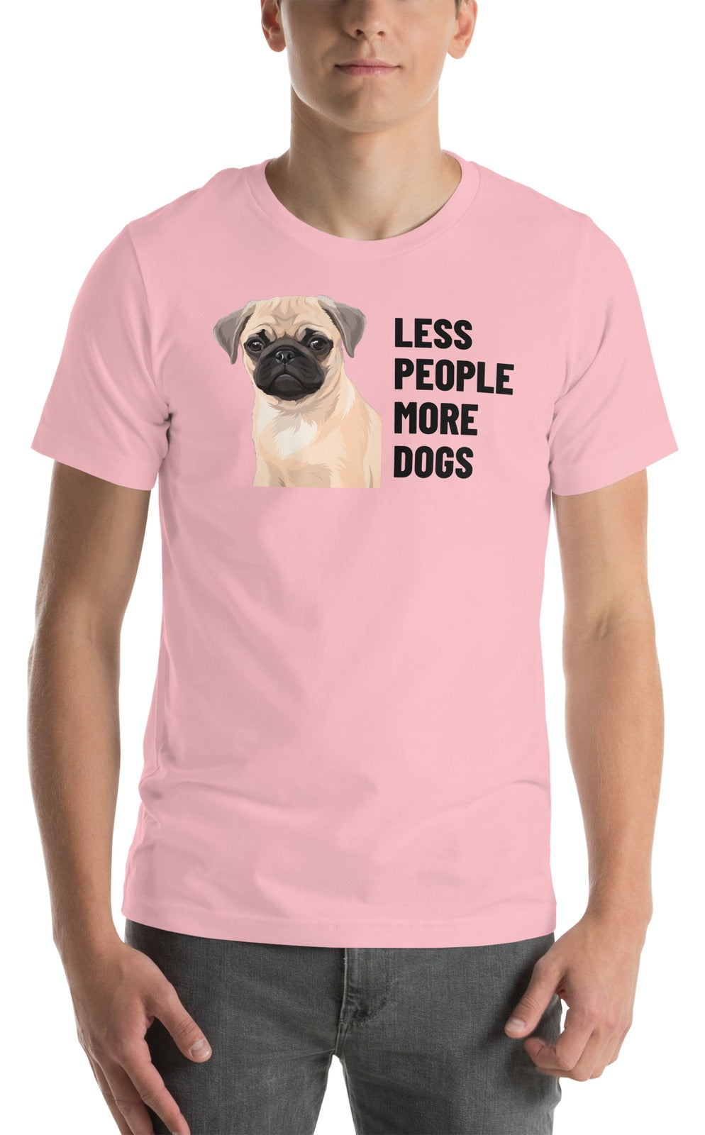 Less People More Dogs Custom Pet T-Shirt (Pink), Waffles the Pug: worn by a model. [ks Colour=Pink; kind=product]