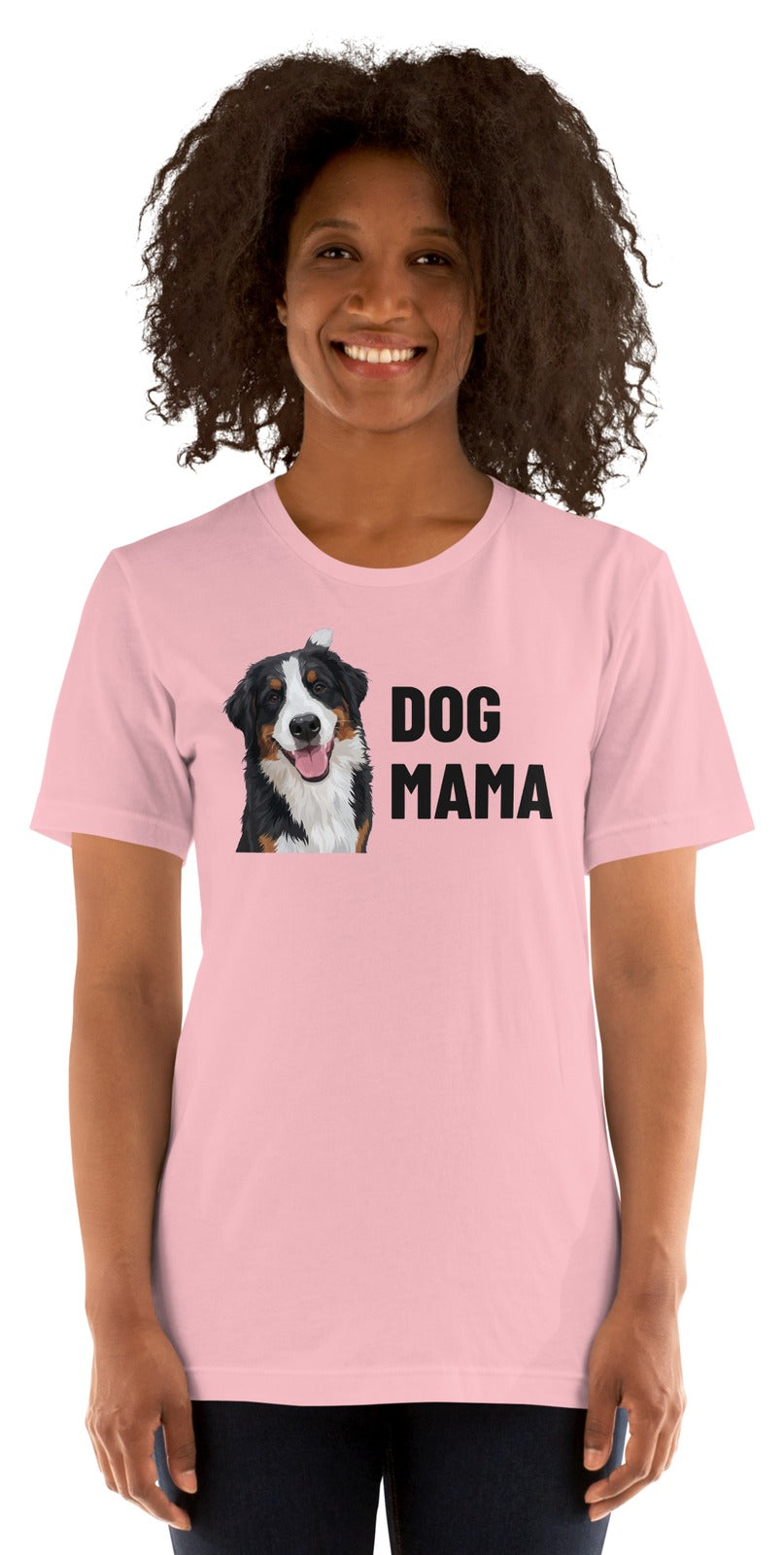 Dog Mama Custom Pet T-Shirt (Pink), Bear the Bernese Mountain Dog: worn by a model. [ks Colour=Pink; kind=product]