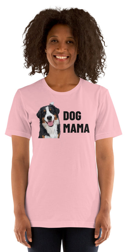 Dog Mama Custom Pet T-Shirt (Pink), Bear the Bernese Mountain Dog: worn by a model. [ks Colour=Pink; kind=product]