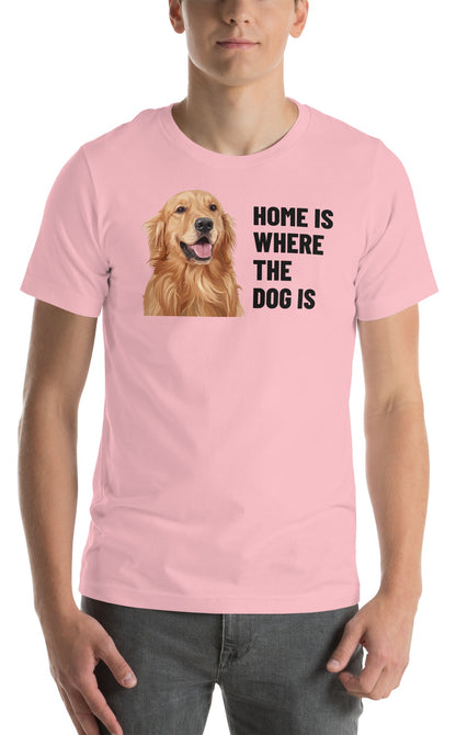 Home Is Where The Dog Is Custom Pet T-Shirt (Pink), Cooper the Golden Retriever: worn by a model. [ks Colour=Pink; kind=product]