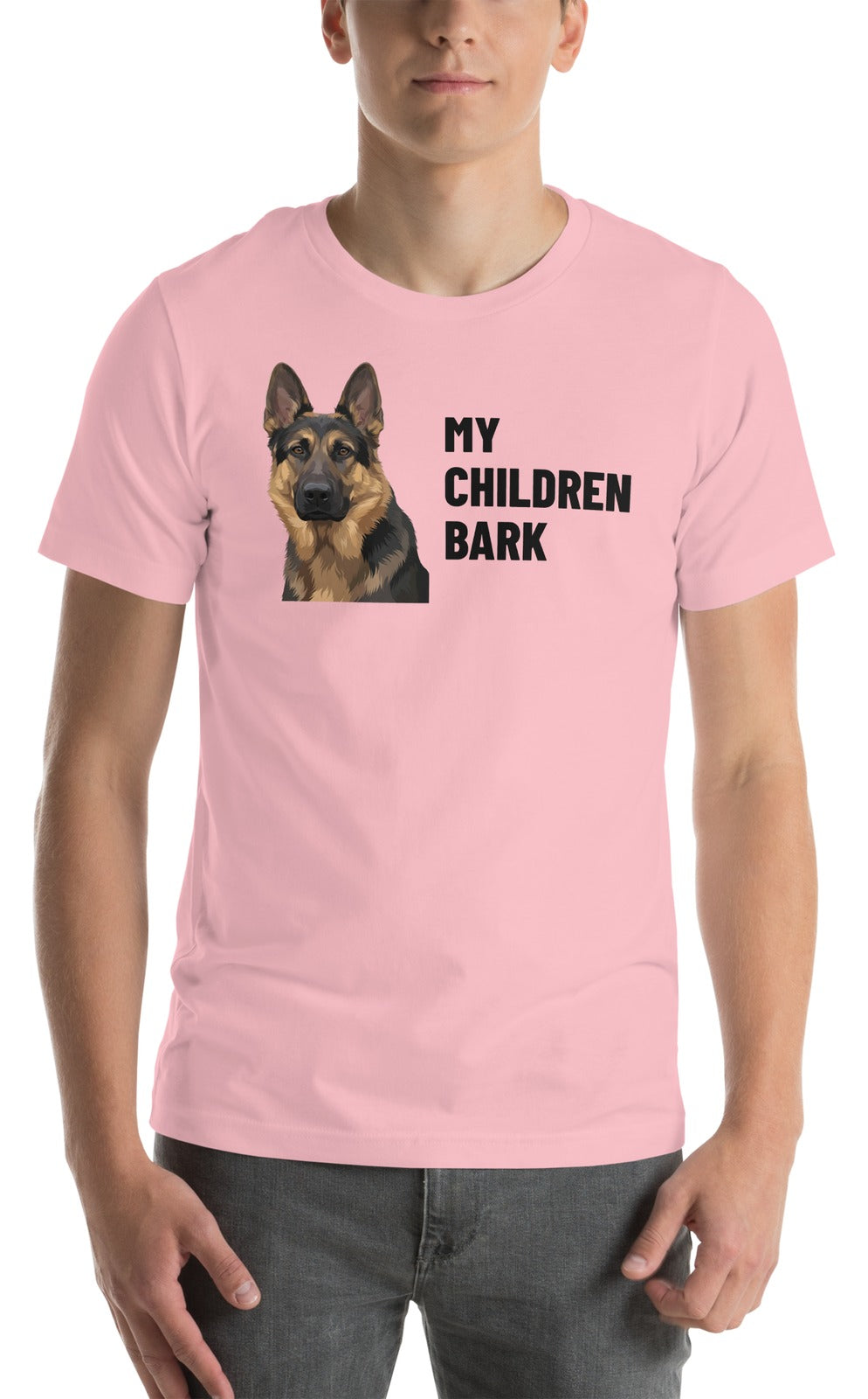 My Children Bark Custom Pet T-Shirt (Pink), Max the German Shepherd: worn by a model. [ks Colour=Pink; kind=product]