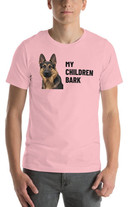 My Children Bark Custom Pet T-Shirt (Pink), Max the German Shepherd: worn by a model. [ks Colour=Pink; kind=product]