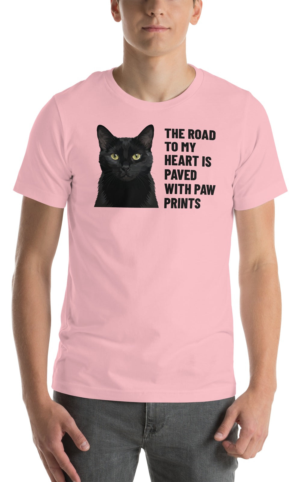 The Road To My Heart Is Paved With Paw Prints Custom Pet T-Shirt (Pink), Olive the black cat: worn by a model. [ks Colour=Pink; kind=product]