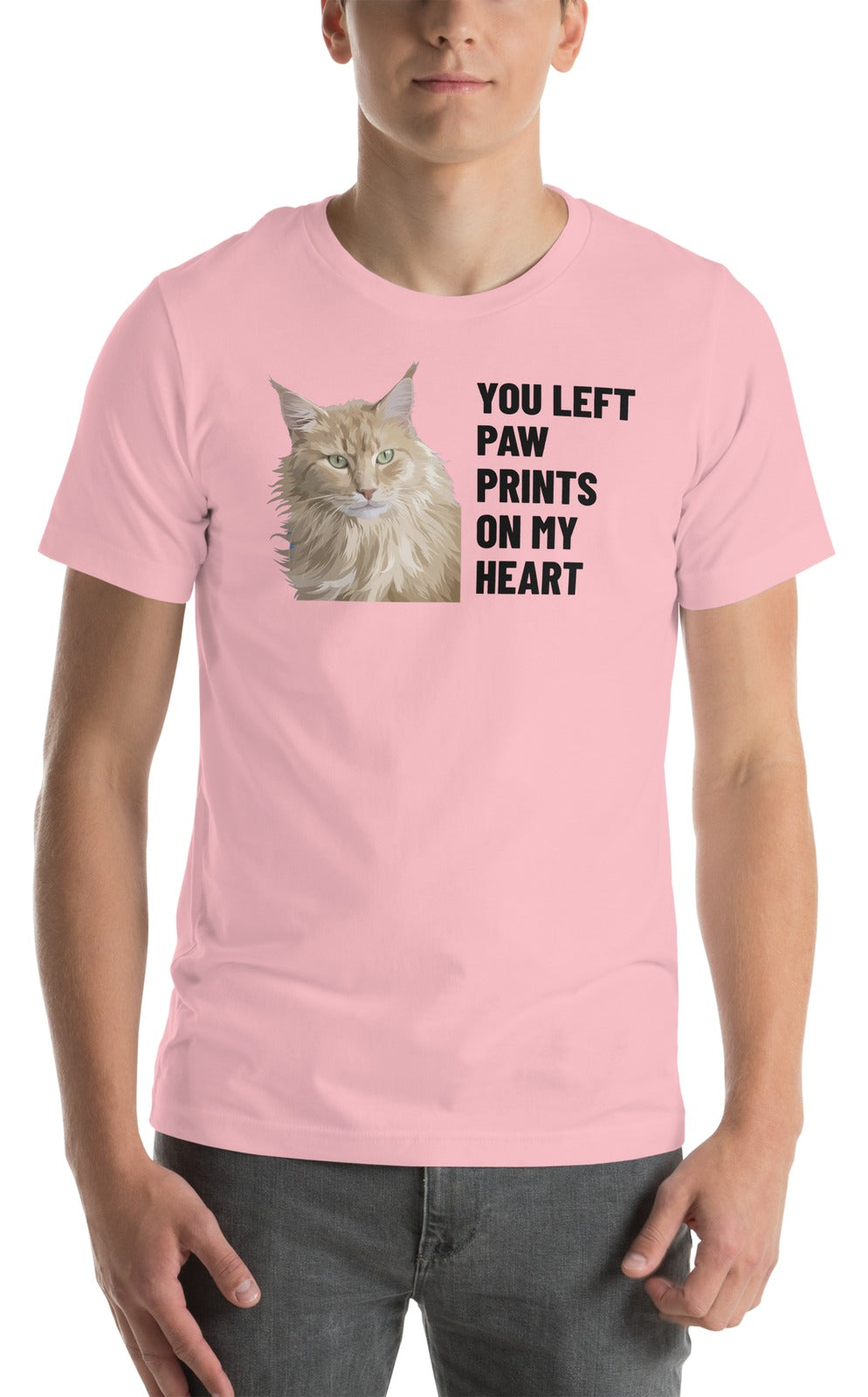 You Left Paw Prints On My Heart Custom Pet T-Shirt (Pink), Caramel the Maine Coon cat: worn by a model. [ks Colour=Pink; kind=product]