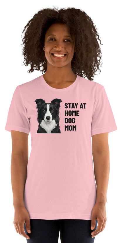 Stay At Home Dog Mom Custom Pet T-Shirt (Pink), Oreo the Border Collie: worn by a model. [ks Colour=Pink; kind=product]