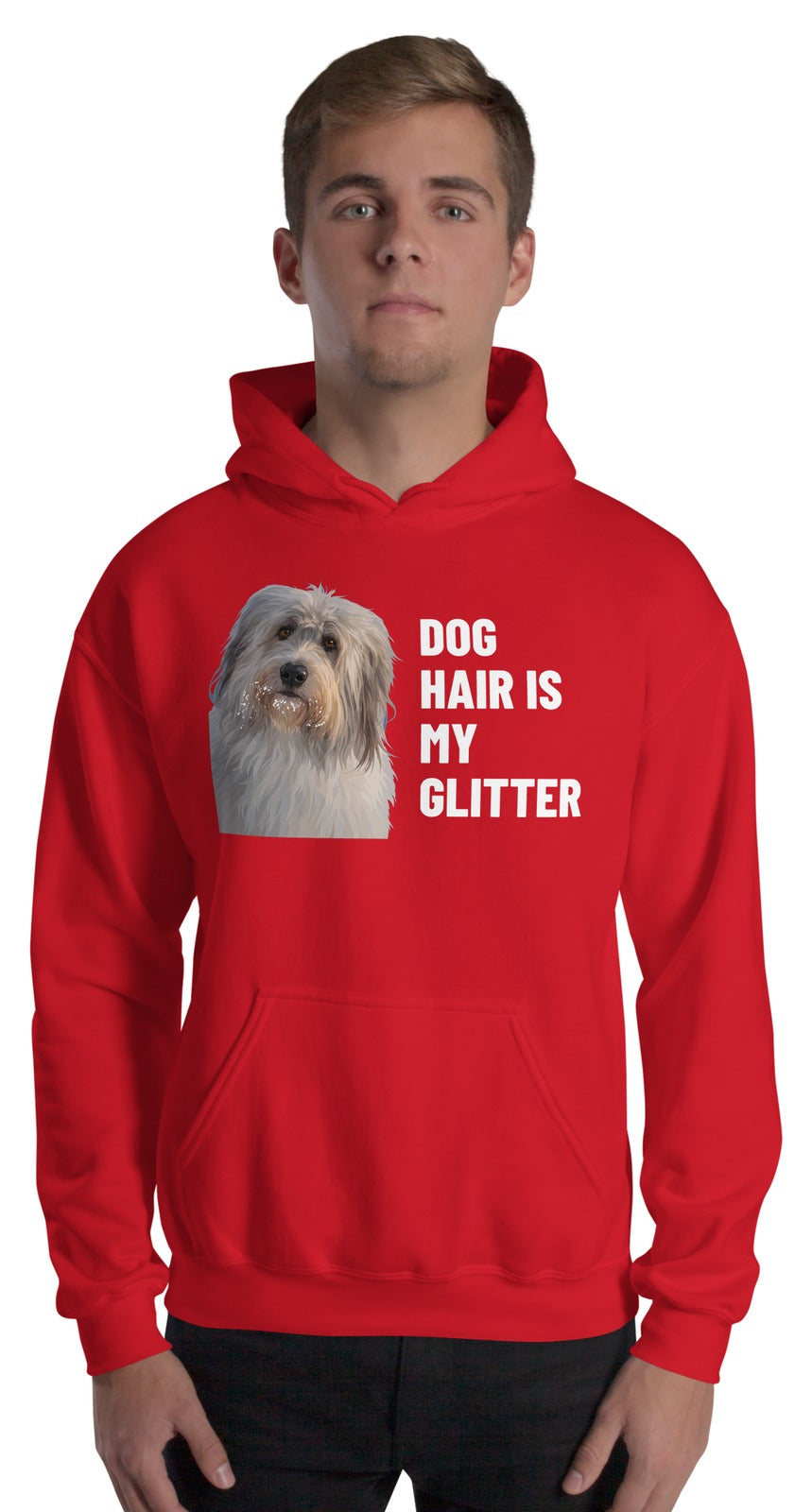 Dog Hair Is My Glitter Custom Pet Hoodie (Red), Gandalf the Sheepdog: worn by a model. [ks Colour=Red; kind=product]
