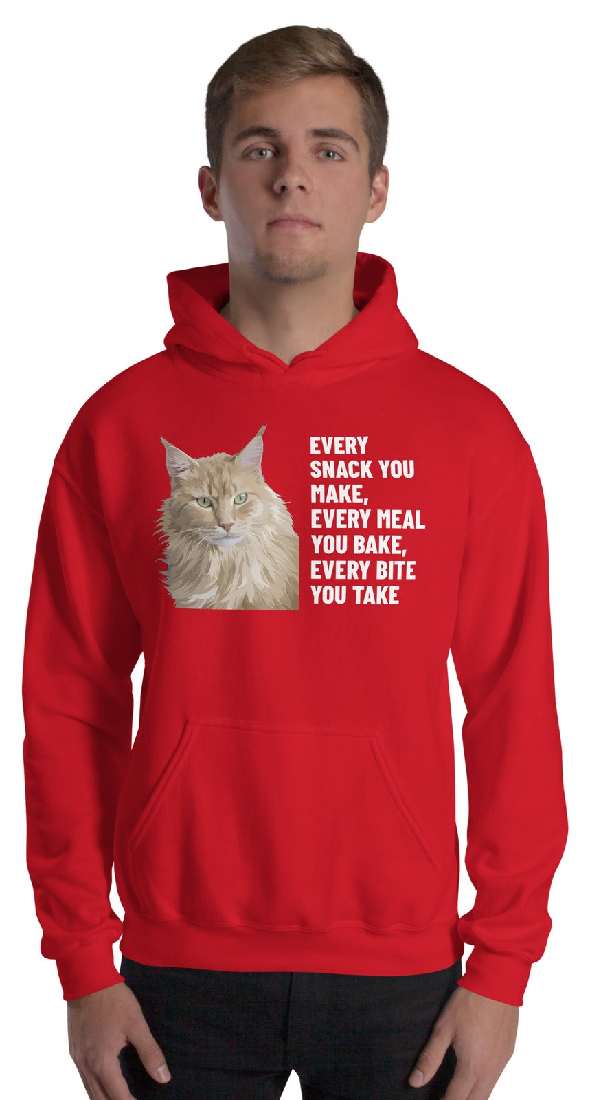 Every Snack You Make, Every Meal You Bake, Every Bite You Take Custom Pet Hoodie (Red), Caramel the Maine Coon cat: worn by a model. [ks Colour=Red; kind=product]