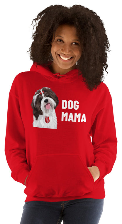 Dog Mama Custom Pet Hoodie (Red), Pippin the Shih Tzu: worn by a model. [ks Colour=Red; kind=product]