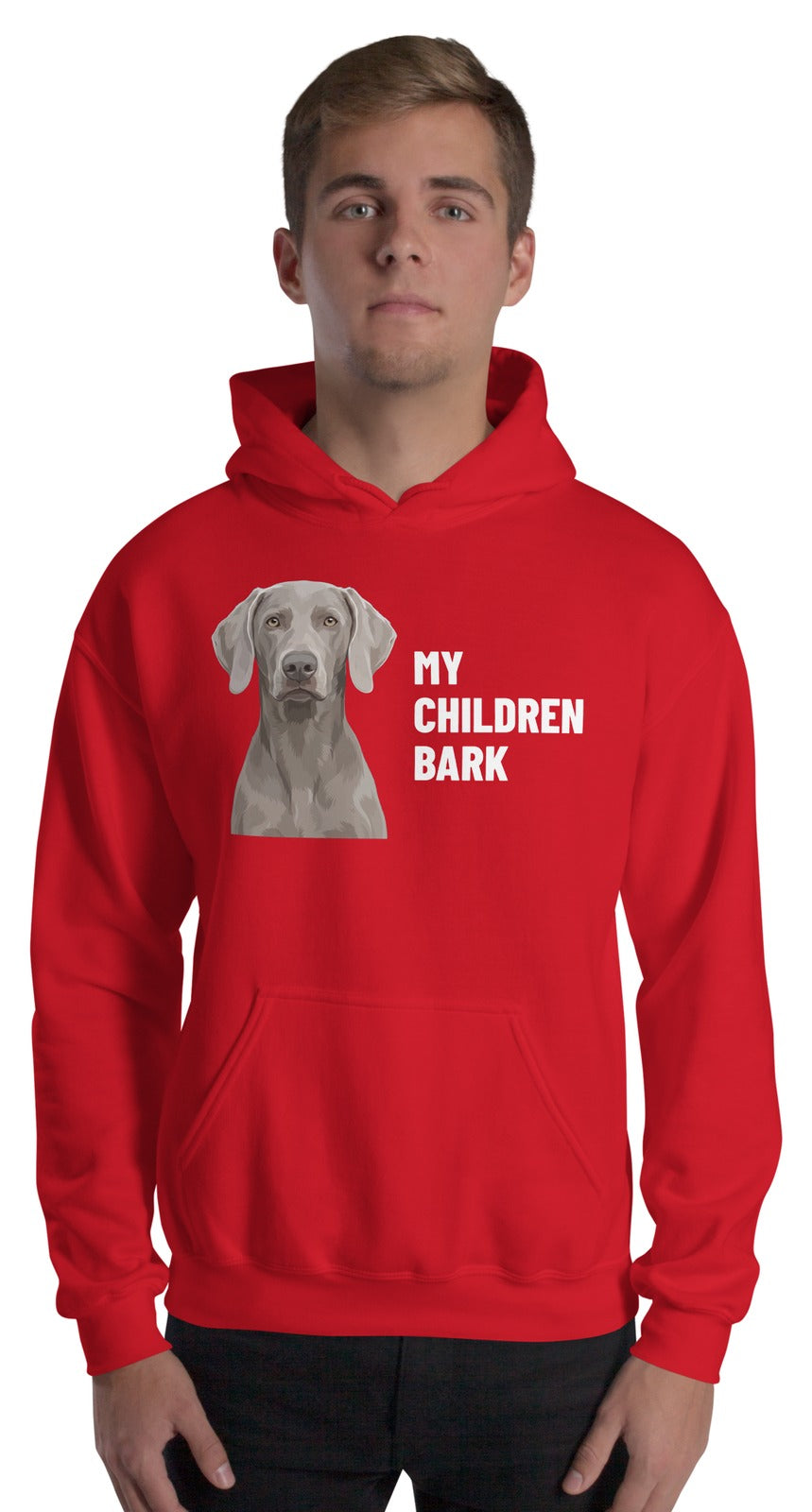 My Children Bark Custom Pet Hoodie (Red), Pewter the Weimaraner: worn by a model. [ks Colour=Red; kind=product]