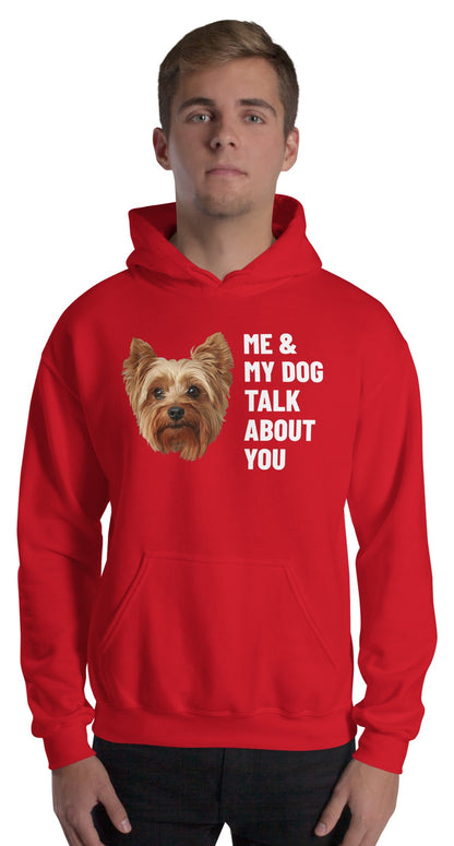 Me & My Dog Talk About You Custom Pet Hoodie (Red), Gizmo the Yorkshire Terrier: worn by a model. [ks Colour=Red; kind=product]