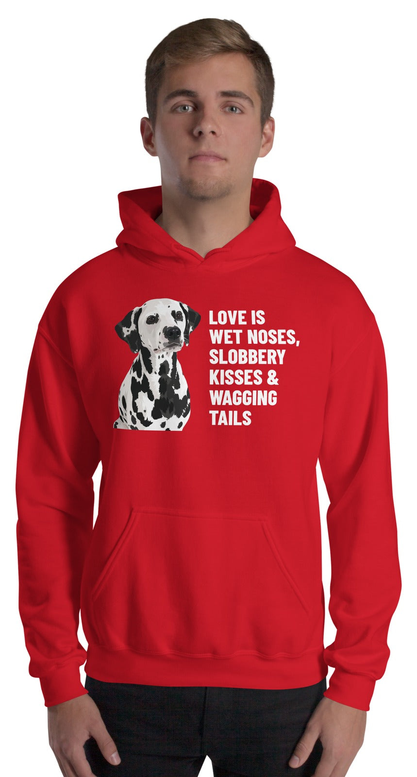 Love Is Wet Noses, Slobbery Kisses & Wagging Tails Custom Pet Hoodie (Red), Dotty the Dalmatian: worn by a model. [ks Colour=Red; kind=product]
