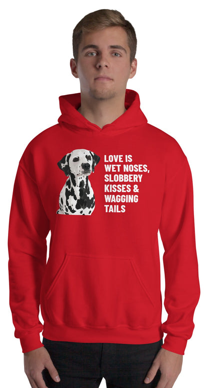 Love Is Wet Noses, Slobbery Kisses & Wagging Tails Custom Pet Hoodie (Red), Dotty the Dalmatian: worn by a model. [ks Colour=Red; kind=product]