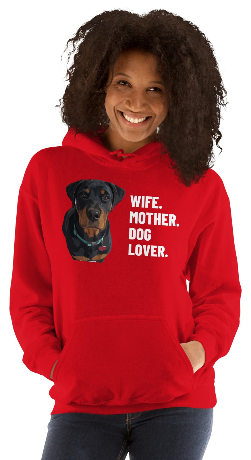 Wife. Mother. Dog Lover. Custom Pet Hoodie (Red), Thor the Rottweiler: worn by a model. [ks Colour=Red; kind=product]