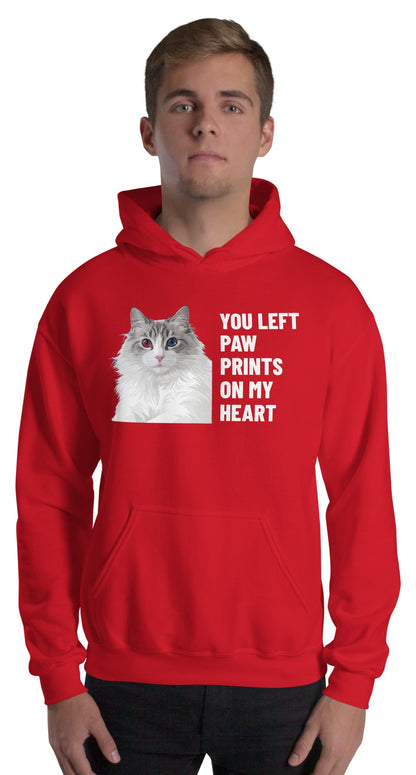 You Left Paw Prints On My Heart Custom Pet Hoodie (Red), Cloud the Ragdoll cat: worn by a model. [ks Colour=Red; kind=product]