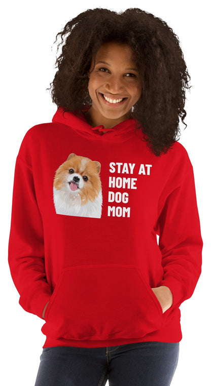 Stay At Home Dog Mom Custom Pet Hoodie (Red), Nugget the Pomeranian: worn by a model. [ks Colour=Red; kind=product]