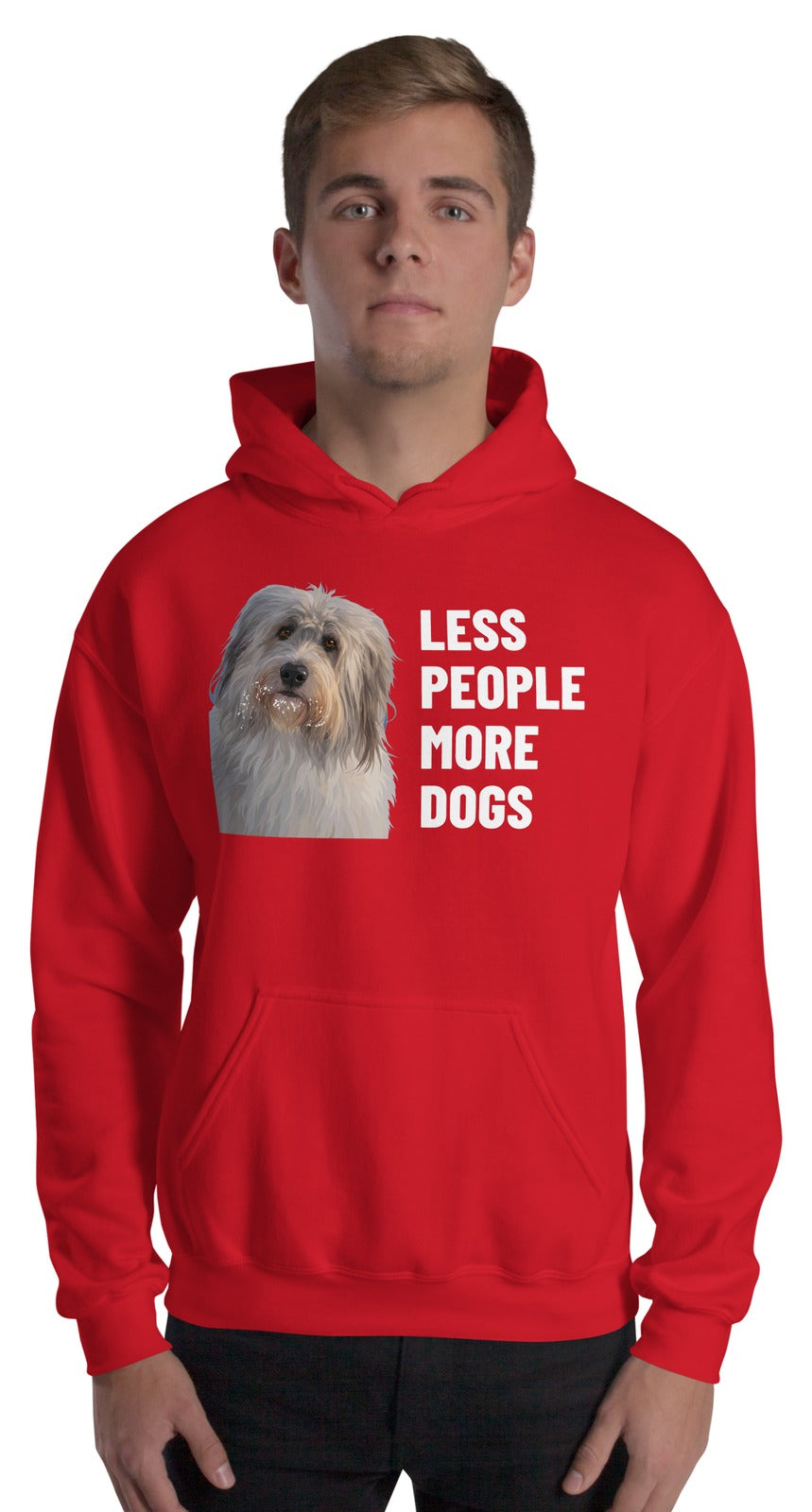 Less People More Dogs Custom Pet Hoodie (Red), Gandalf the Sheepdog: worn by a model. [ks Colour=Red; kind=product]