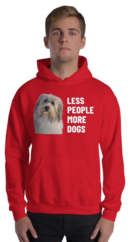 Less People More Dogs Custom Pet Hoodie (Red), Gandalf the Sheepdog: worn by a model. [ks Colour=Red; kind=product]