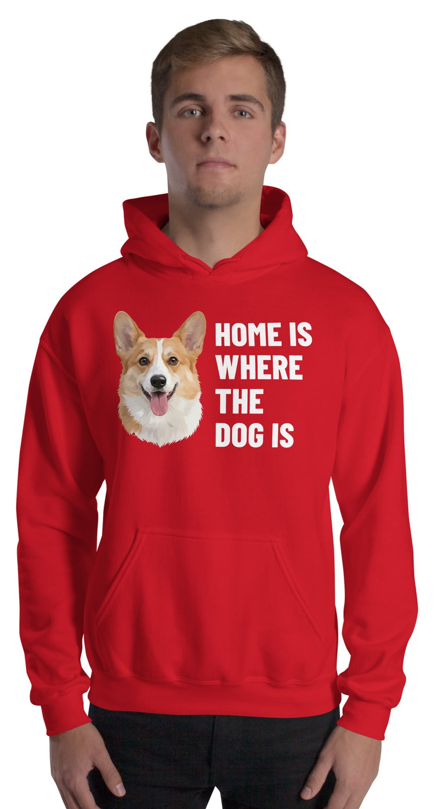Home Is Where The Dog Is Custom Pet Hoodie (Red), Bailey the Pembroke Welsh Corgi: worn by a model. [ks Colour=Red; kind=product]