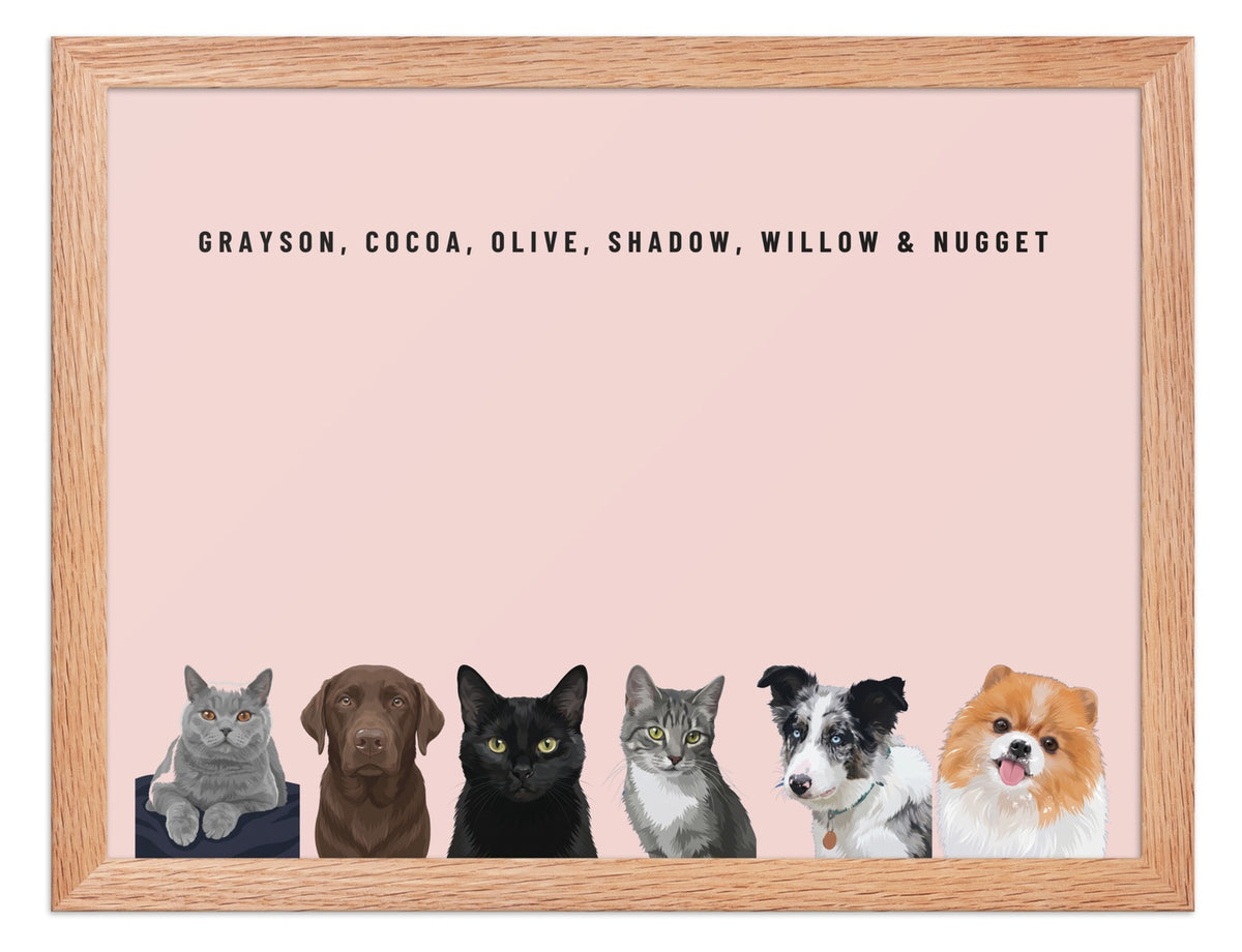 Custom Six Pet Portrait Framed Print (Oak): Grayson the British Shorthair cat & Cocoa the chocolate Labrador & Olive the black cat & Shadow the grey tabby cat & Willow the Border Collie & Nugget the Pomeranian on a Blush background. [ks Frame=Oak; Background=Blush]