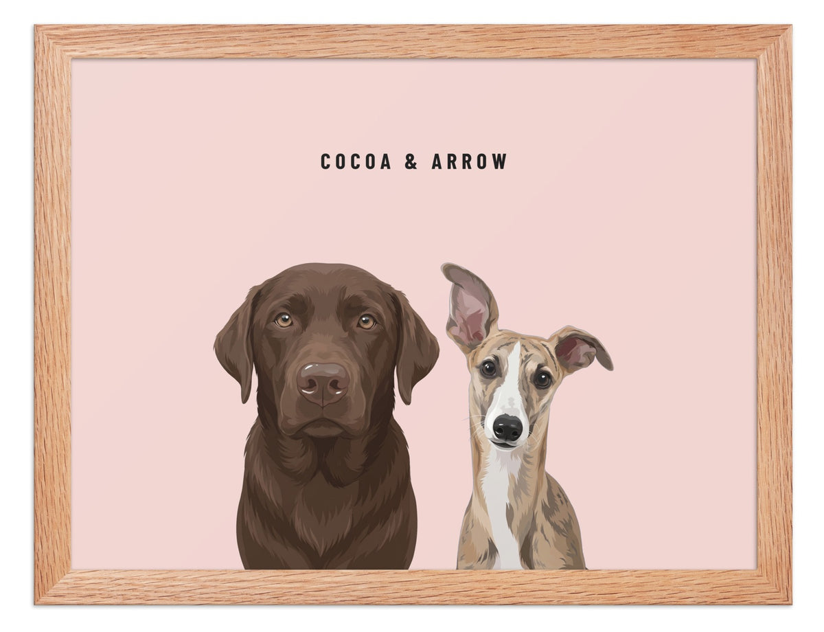 Custom Two Pet Portrait Framed Print (Oak): Cocoa the chocolate Labrador & Arrow the Whippet on a Blush background. [ks Frame=Oak; Background=Blush]