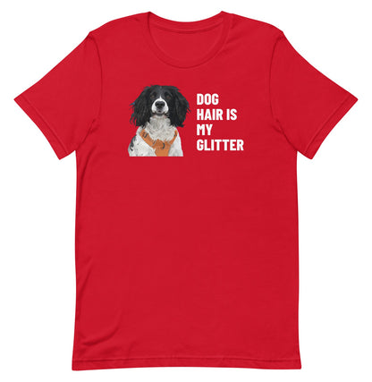 Dog Hair Is My Glitter Custom Pet T-Shirt (Red), Roscoe the English Springer Spaniel: front view. [ks Colour=Red; kind=product]