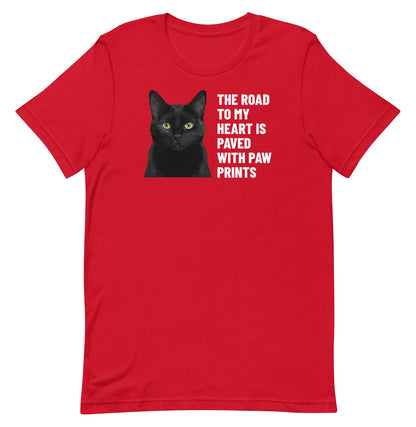 The Road To My Heart Is Paved With Paw Prints Custom Pet T-Shirt (Red), Olive the black cat: front view. [ks Colour=Red; kind=product]