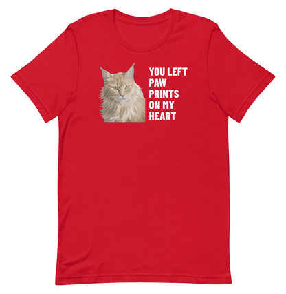 You Left Paw Prints On My Heart Custom Pet T-Shirt (Red), Caramel the Maine Coon cat: front view. [ks Colour=Red; kind=product]