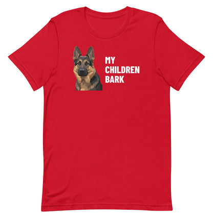 My Children Bark Custom Pet T-Shirt (Red), Max the German Shepherd: front view. [ks Colour=Red; kind=product]