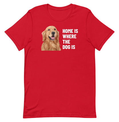 Home Is Where The Dog Is Custom Pet T-Shirt (Red), Cooper the Golden Retriever: front view. [ks Colour=Red; kind=product]