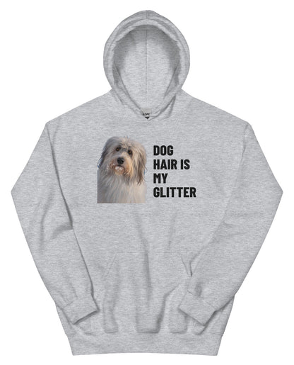 Dog Hair Is My Glitter Custom Pet Hoodie (Sport Grey), Gandalf the Sheepdog: front view. [ks Colour=Sport Grey; kind=product]