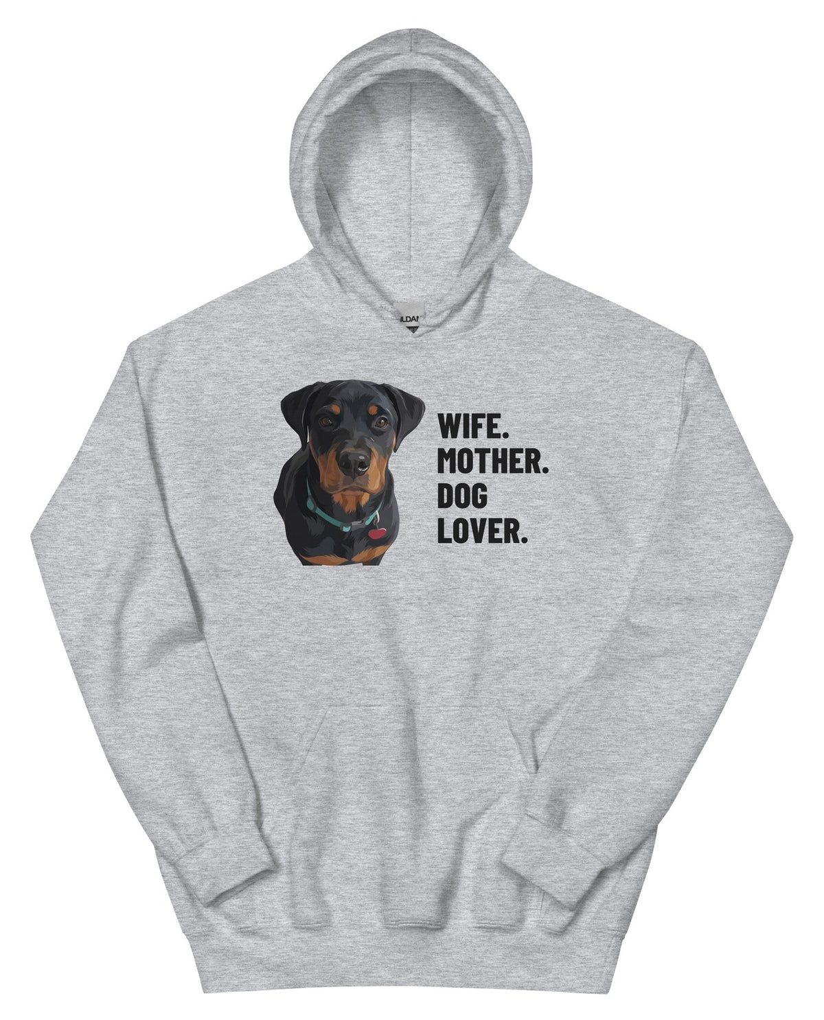 Wife. Mother. Dog Lover. Custom Pet Hoodie (Sport Grey), Thor the Rottweiler: front view. [ks Colour=Sport Grey; kind=product]