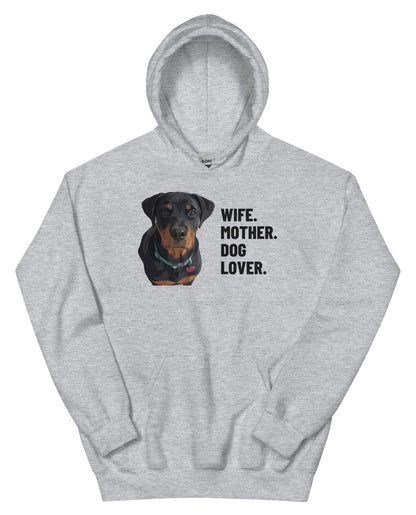 Wife. Mother. Dog Lover. Custom Pet Hoodie (Sport Grey), Thor the Rottweiler: front view. [ks Colour=Sport Grey; kind=product]