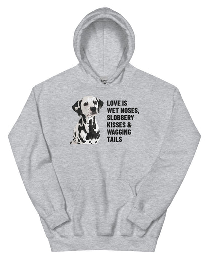 Love Is Wet Noses, Slobbery Kisses & Wagging Tails Custom Pet Hoodie (Sport Grey), Dotty the Dalmatian: front view. [ks Colour=Sport Grey; kind=product]