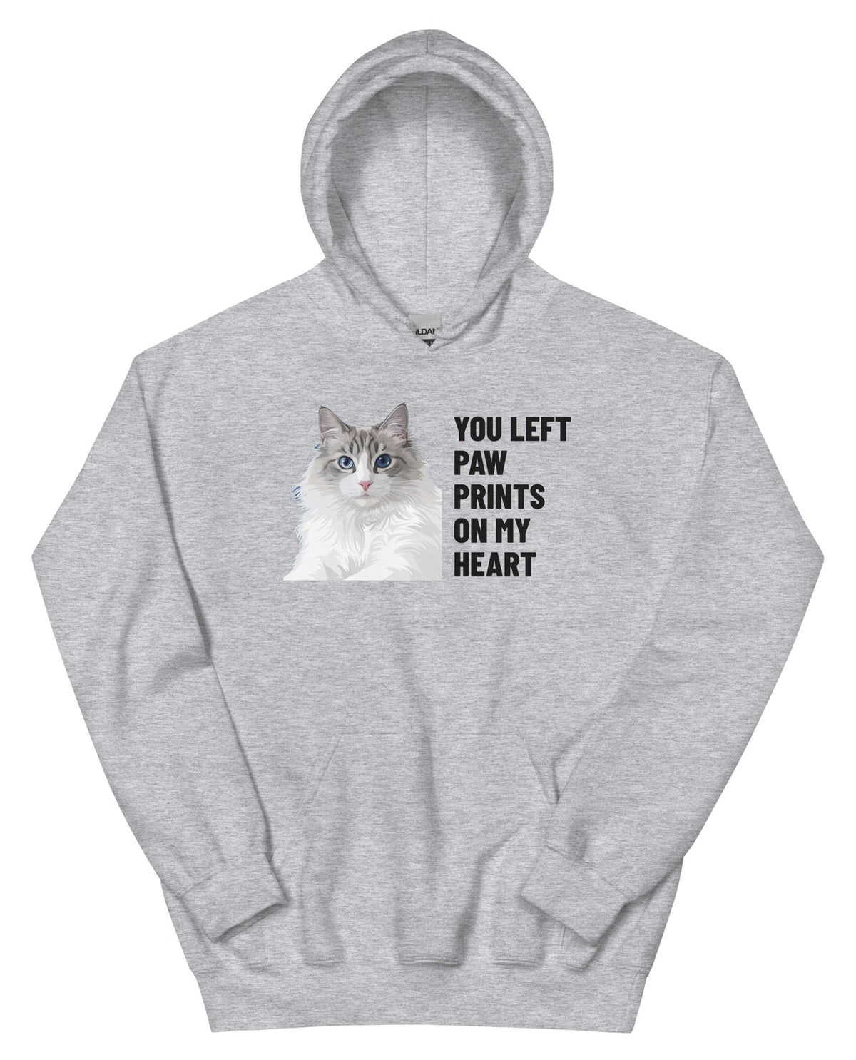 You Left Paw Prints On My Heart Custom Pet Hoodie (Sport Grey), Cloud the Ragdoll cat: front view. [ks Colour=Sport Grey; kind=product]